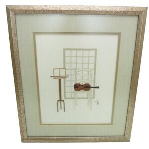Vintage Cross-stitch Violin on Chair Framed Cottage Musician Home Decor